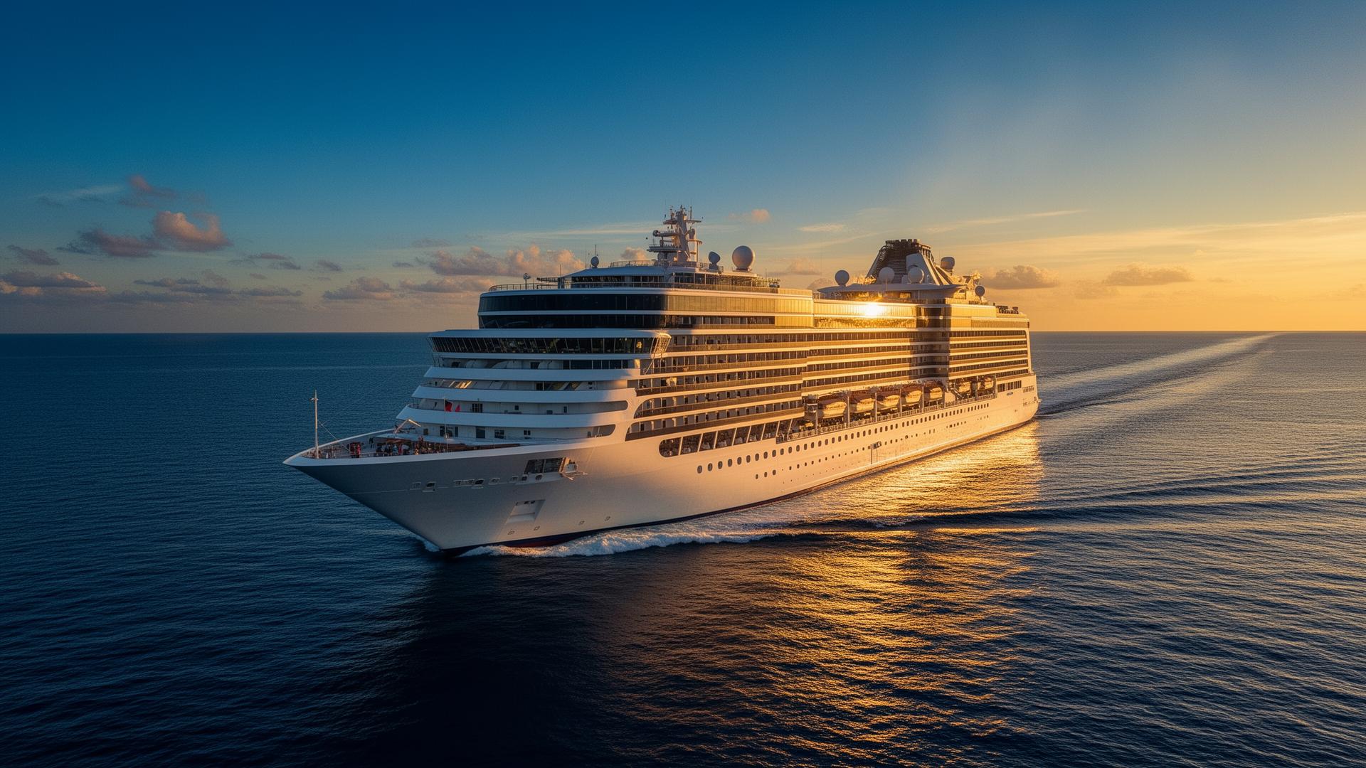 Luxury cruise ship at golden hour