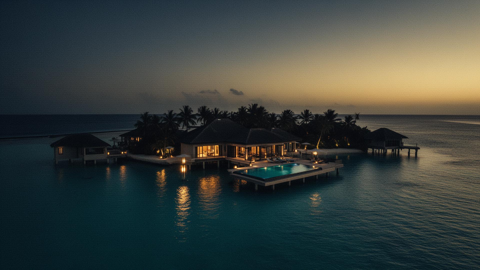 Luxury overwater villa at twilight in the Maldives