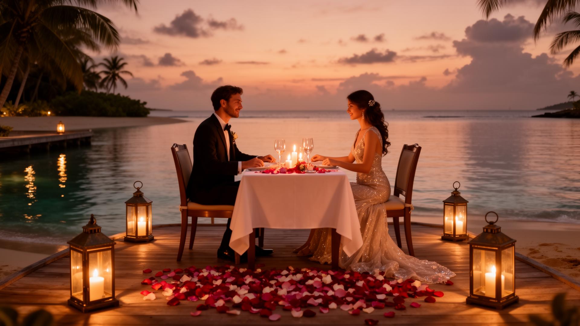 Private candlelit honeymoon dinner over the ocean at sunset